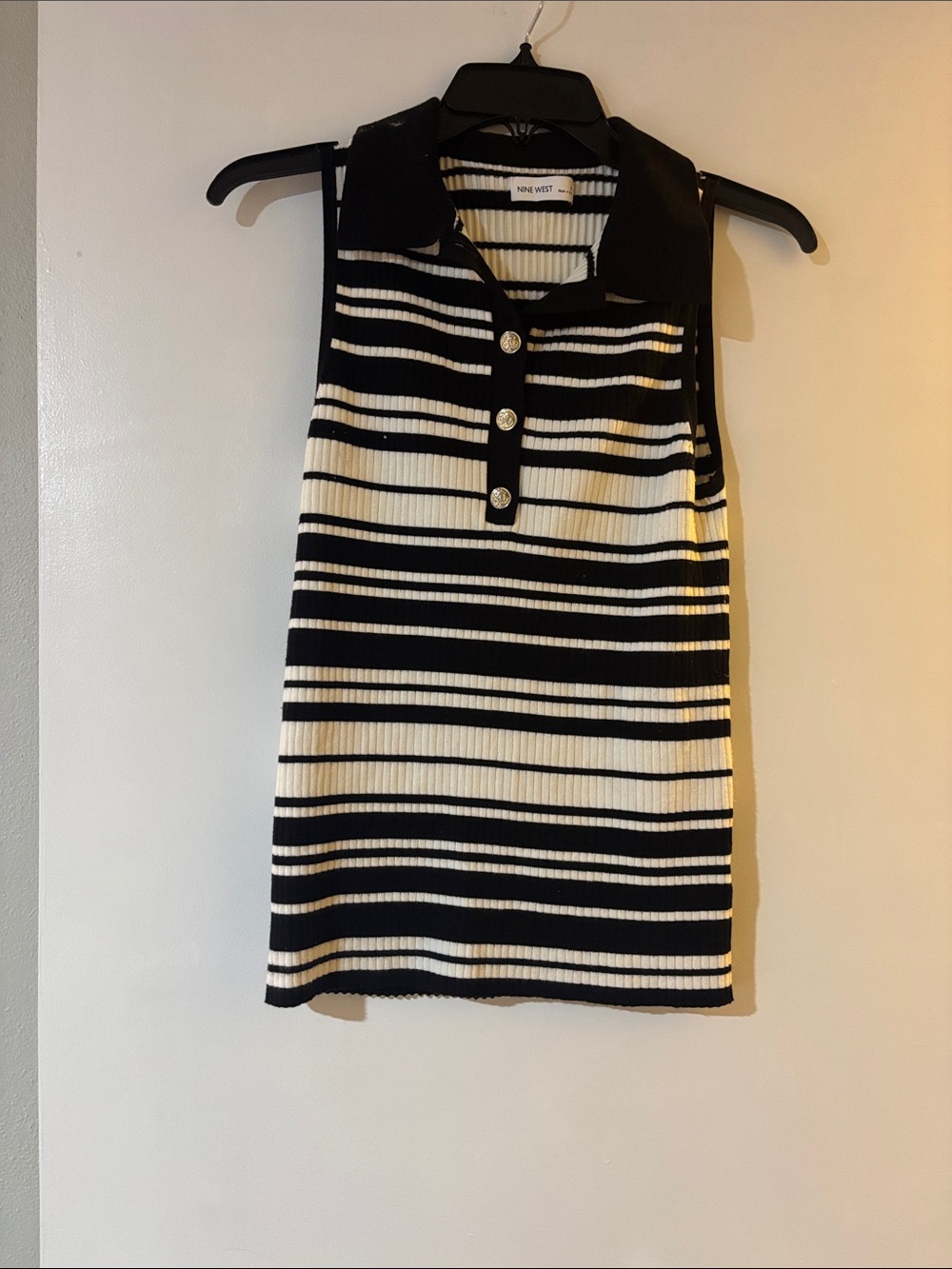Nine West Black & White Striped Sleeveless Polo Tank Top